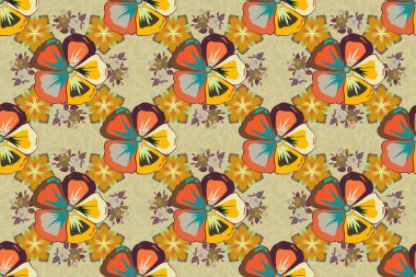 Soyut zarafet pürüzsüz desen. Kozmos çiçekleri turuncu, gri ve sarı renklerde..