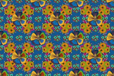 Kozmos çiçekleri turuncu, mavi ve yeşil renklerle kusursuz desenlidir. Sevimli Raster çiçek arkaplanı.
