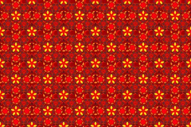 Sarı, kırmızı ve turuncu elementlerle kusursuz desen. Metin için tasarım, davetiye kartları, çeşitli baskı sürümleri. Doğu tarzında bir süs eşyası..