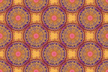 Kusursuz raster arka plan. Kış Tatili Örgü Örer Turuncu, Sarı ve Menekşe Çemberleri, Noktalar ve Kar Taneleri.