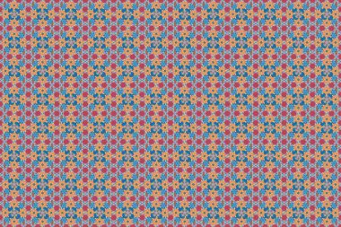 Pembe, mavi ve gri renklerde çiçek ve tropikal yapraklı raster pürüzsüz arkaplan deseni.