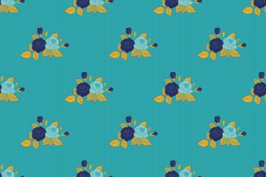 Soyut klasik güllerle kare kompozisyon. Şekillendirilmiş sarı, yeşil ve mavi güllerle pürüzsüz bir desen..