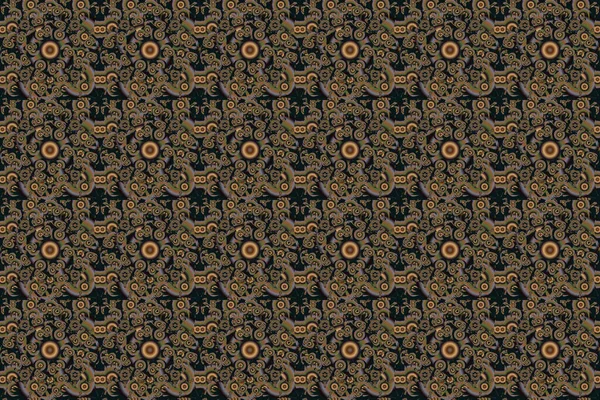 Raster oriental style arabesques. Seamless pattern with black, green and brown elements, curls and ornaments.
