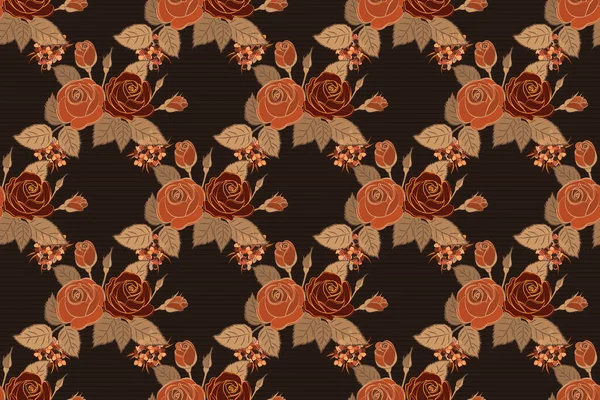 Nahtloses Blumenmuster Mit Stilisierten Rosenblüten Und Grünen Blättern Orange Braun — Stockfoto