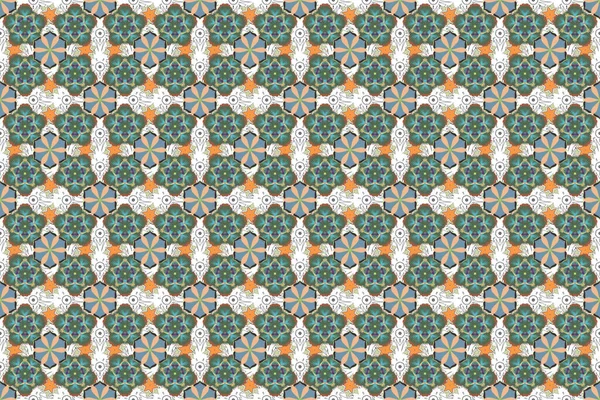 Raster abstract seamless patchwork background with beige, gray and blue ornaments, geometric Moroccan seamless pattern. Ethnic Indian folklore. Stylized stars, snowflakes and grids.