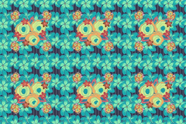 Stock raster illustration. Vintage style. Seamless pattern of abstrat rose flowers and leaves in green, violet and blue colors.