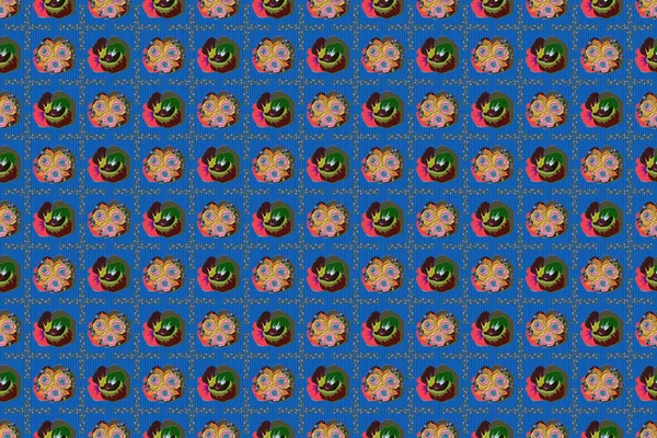 野生罂粟的设计 罂粟花牌 复古的五颜六色罂粟图案 摘要绿色 棕色和蓝色的罂粟素描 手绘花无缝图案 — 图库照片