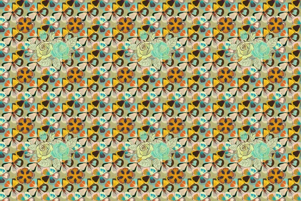 Watercolor seamless pattern with roses and leaves in blue, yellow and beige colors. Beautiful raster pattern for decoration and design. Vintage style trendy print. Exquisite pattern of rose flowers.