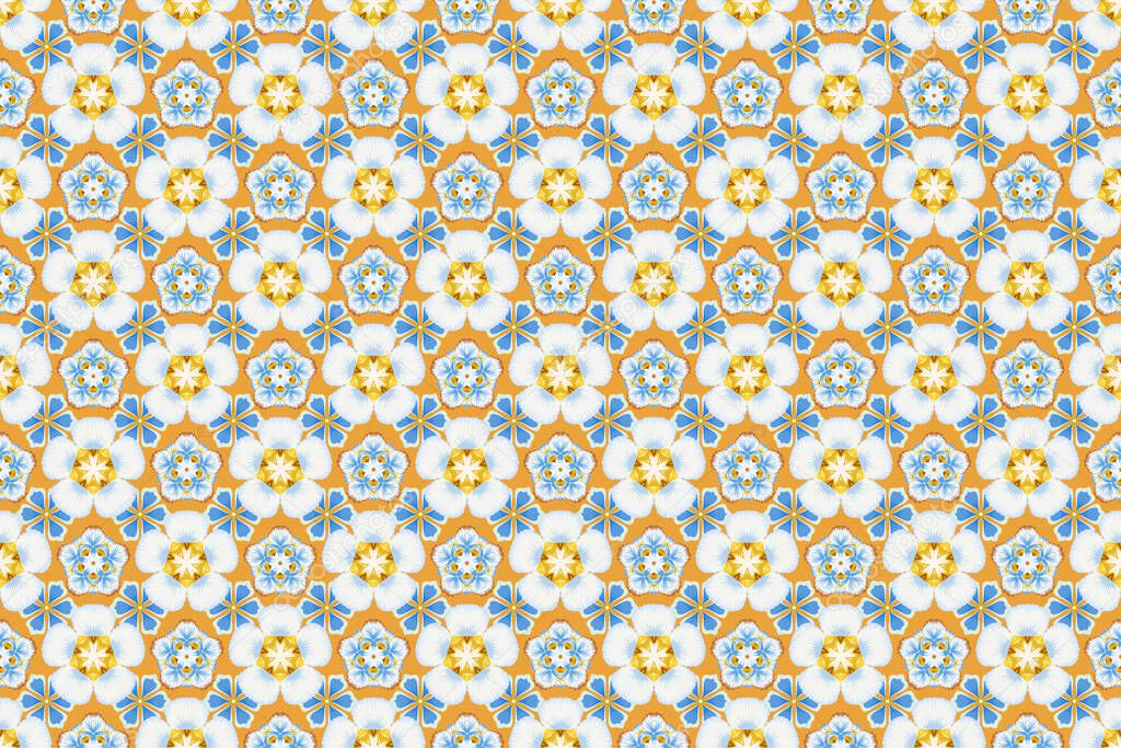 Perfect for holidays. Stylized ornament. Raster glitter textured seamless pattern with blue, yellow and orange elements.