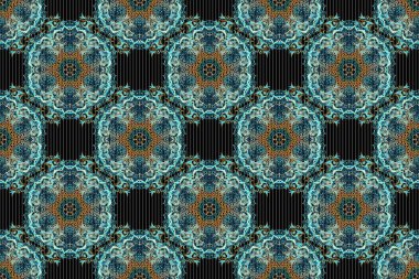 Raster kusursuz bir geçmişi var. Siyah arka planda yeşil ve mavi renkli çiçek süsü. Renkli desenler antika.