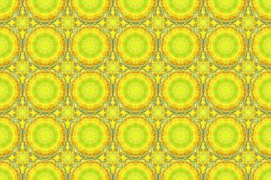 Raster illüstrasyonu. El yapımı etnik doku, hayal gücünün uçuşu. Yeşil ve sarı renklerde kusursuz soyut kabile deseni.