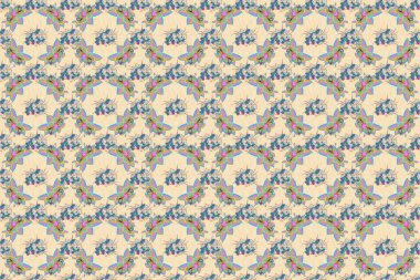 Raster illüstrasyonu. Yeşil ve mavi renkli Ditsy çiçekleri. Moda baskıları için zarif bir şablon. Küçük çiçekte şirin, pürüzsüz desen.