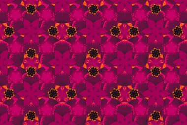 El çizimi çiçek unsurları olan soyut, dikişsiz raster deseni. Sonbahar renkleri. Mor, mor ve kırmızı renkli çiçek açan ipek eşarp. 1950-1960 motifleri. Retro tekstil tasarım koleksiyonu