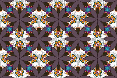 Gri, mavi ve turuncu renklerde yaprakları ve tropik çiçekleri olan kusursuz bir arka plan deseni. Raster illüstrasyonu.