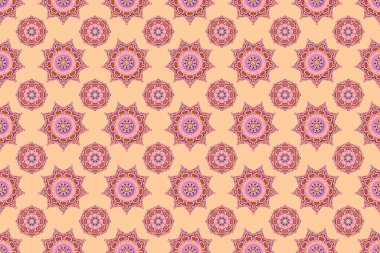 Pembe, kırmızı ve sarı aksesuarların pürüzsüz desenleri. Doğulu, süslü. Halılar, tekstil, duvar kağıtları ve herhangi bir yüzey için şablonlar.