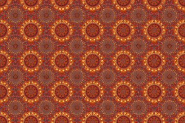 Raster illüstrasyonu. Dizayn, tekstil veya kumaş için turuncu, kahverengi ve sarı renklerde Raster dikişsiz çiçek deseni.