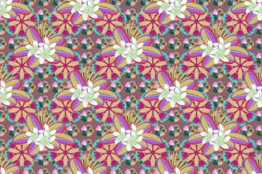 Arabesk. Kesişen kıvrımlı zarif stilize yapraklar ve parşömenler soyut bir çiçek süsü oluşturuyorlar. Pembe arka planda klasik soyut Raster Çiçeksiz desen.