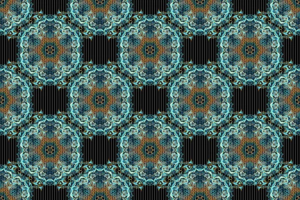 Raster kusursuz bir geçmişi var. Siyah arka planda yeşil ve mavi renkli çiçek süsü. Renkli desenler antika.