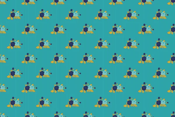 Square composition with abstrct vintage roses. Raster seamless pattern with stylized green, blue and yellow roses.