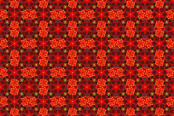 Çizgili arka planda dikişsiz suluboya desen. Kırmızı, sarı ve turuncu renkli Raster çiçekleri..