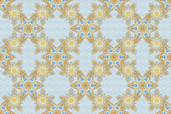 Rope seamless tied fishnet damask pattern in gray, blue and yellow colors. Raster wallpaper.