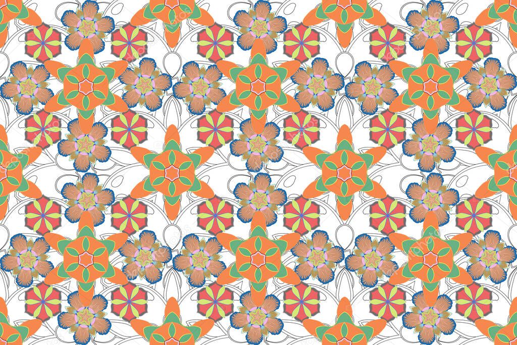 Star pattern in orange, blue and gray colors with vintage ornament. Raster seamless background. Luxury seamless pattern with motley stars. Multicolored decorations.