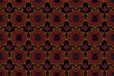 Motley süslemesi, kırmızı ve yeşil renklerde kusursuz desen. Tasarım daveti, baskı, kart, duvar kağıdı, tekstil veya kumaş için Raster baskısı.