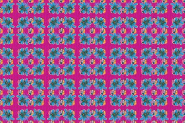 Kumaş tasarımı, elbise, duvar kâğıdı ve kağıt için küçük, hantal çiçekler. Kusursuz desenli, sarı ve mavi renklerde yaz baskısı..