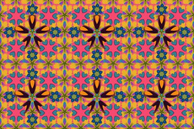 Sarı, mavi ve pembe renklerde, klasik, pürüzsüz desen. El yazısı raster çiçekler, pullar, anahtarlar..