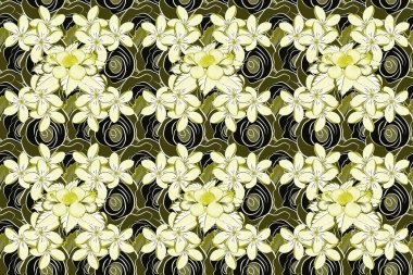 Raster illüstrasyonu. Kompozisyonda egzotik çiçekler. Yeşil, gri ve bej renkli amberçiçeği desenli kusursuz raster tropikal tasarım. Yaz modası, iç mekan, duvar kağıdı deseni.