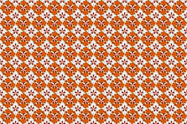 Renkli arkaplanda oryantal arabesk. Harika danteller, stilize çiçekler, şal desenleri. Kusursuz turuncu ve kırmızı kıvırcık desenli. Hassas, soyut arkaplan dokuması aç.