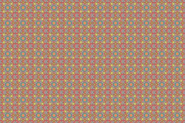 Raster illüstrasyonu. Duvar kağıdı, sunum, tasarım, baskı veya tekstil için iyi bir model. Kahverengi, sarı ve pembe renklerdeki elementlerin kusursuz görüntüsü.