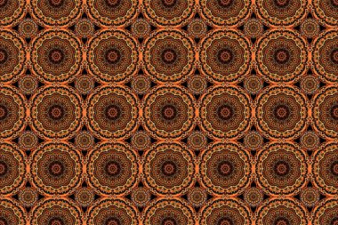 Siyah arka planda kırmızı, turuncu ve kahverengi renkli süslemeler. Raster dikişsiz damaske deseni, klasik duvar kağıdı, arkaplan.