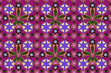 Kesişen kıvrımlı zarif stilize yapraklar ve parşömenler soyut bir çiçek süsü oluşturuyorlar. Arabesk. Mor, mor ve kahverengi renklerde klasik soyut raster çiçeksiz desen.