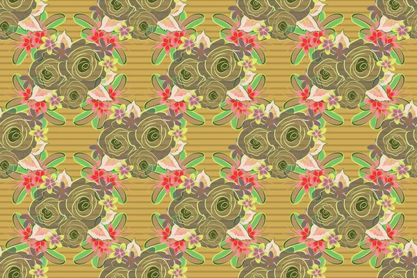 Green, yellow and pink roses pattern. Vintage flower seamless pattern. Hand drawn rose flowers. Raster floral sketch. Flower pattern with roses.