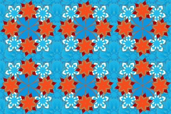 Raster striped seamless pattern with paisley. Decorative ornament for fabric, textile, wrapping paper. Traditional oriental seamless paisley pattern. Floral wallpaper in red, blue and orange colors.