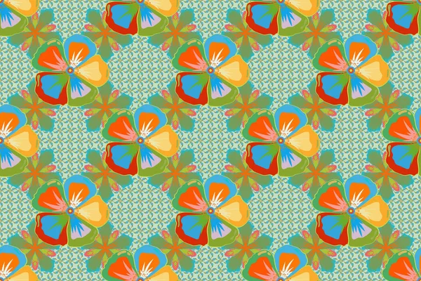 Seamless Pattern Cute Cosmos Flowers Blue Orange Green Colors Raster — Stock Photo, Image