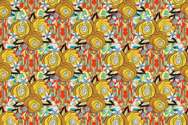 Abstrakcyjny Elegancki Raster Bezszwowy Wzór Kwiatami Kolorach Niebieskim Pomarańczowym Żółtym — Zdjęcie stockowe