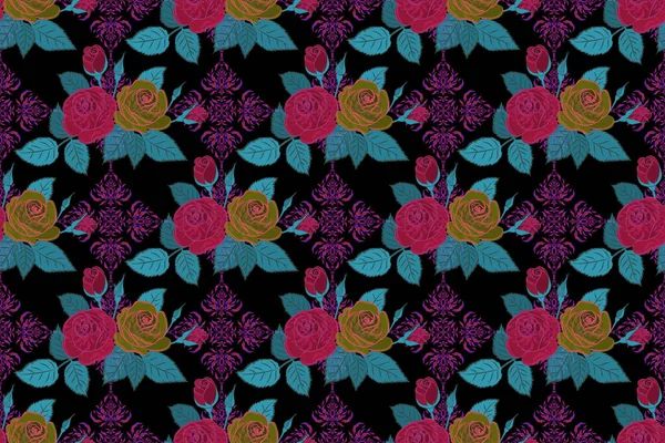 Exquisite pattern for design with rose flowers. Beautiful pattern for decoration and design. Vintage, retro. Seamless watercolor pattern with blue, purple and red roses. Trendy print.