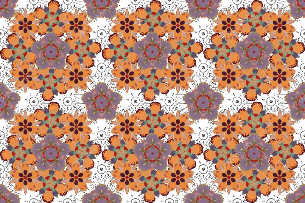 Seamless background pattern with tropical flowers and leaves in blue, pink and orange colors. Raster illustration.