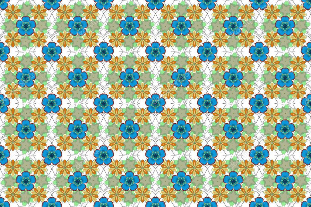 Raster illustration. Seamless Floral Pattern in green, blue and yellow colors.
