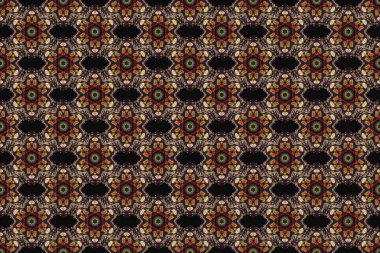 Çiçeksiz desen. Duvar kâğıdı barok, İspanyol kumaşı. Siyah arka planda kırmızı, bej ve kahverengi süs. Kusursuz arkaplan.