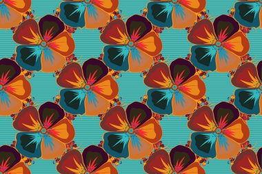 Gri, sarı ve mavi renklerde, kozmos çiçekli kusursuz çiçek deseni. Raster illüstrasyonu.