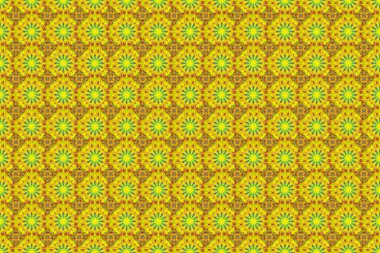 Kış elementleri ile soyut ve kusursuz. Raster kış deseni. Yeşil, turuncu ve sarı renklerde kusursuz kar taneleri tasarımı.