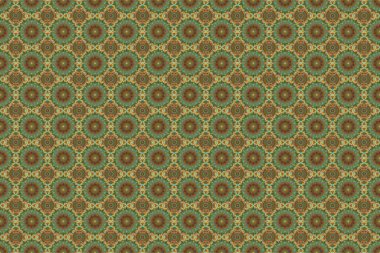 Güzel sarı, turuncu ve yeşil el yapımı dikişsiz raster çizimi. Çiçek ve Mandala elementleriyle kusursuz bir desen..