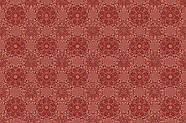 Ikat damaske desensiz arkaplan fayansı. Raster illüstrasyonu. Pembe, turuncu ve kırmızı renklerle.