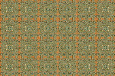 Turuncu, yeşil ve sarı süslemelerden oluşan pürüzsüz bir desen. Doğulu, süslü. Halılar, tekstil, duvar kağıtları ve herhangi bir yüzey için şablonlar.