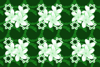 Güzel raster dokusu. Bahar mahsulü çiçekli arka plan. Plumeria çiçekleri mavi ve yeşil renklerle kusursuz desen.