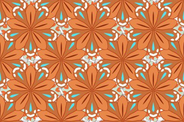Tekrarlanan raster çiçeği deseni. Çiçek baskısı. Modern Motley çiçek deseni turuncu, mavi ve bej renklerde..