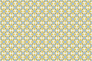 Raster çiçeği minyatür deseni yeşil, sarı ve mavi renklerde. Şekil verilmiş el çizilmiş küçük çiçekler.